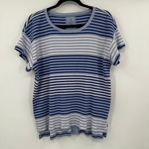 T by Talbots Womens 1X Striped Ribbed Knit Tunic Top‎ Blue White Short Sleeve